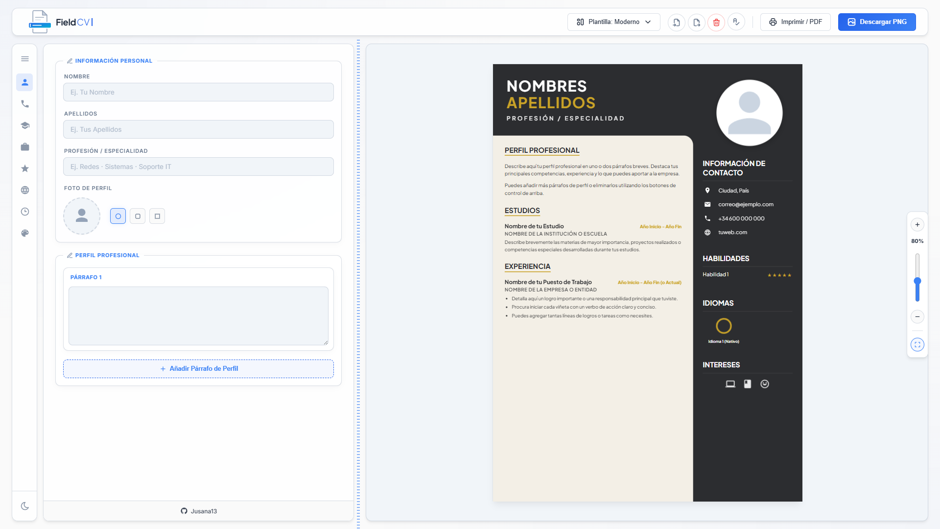 FieldCV: Diseñador de CVs en tiempo real